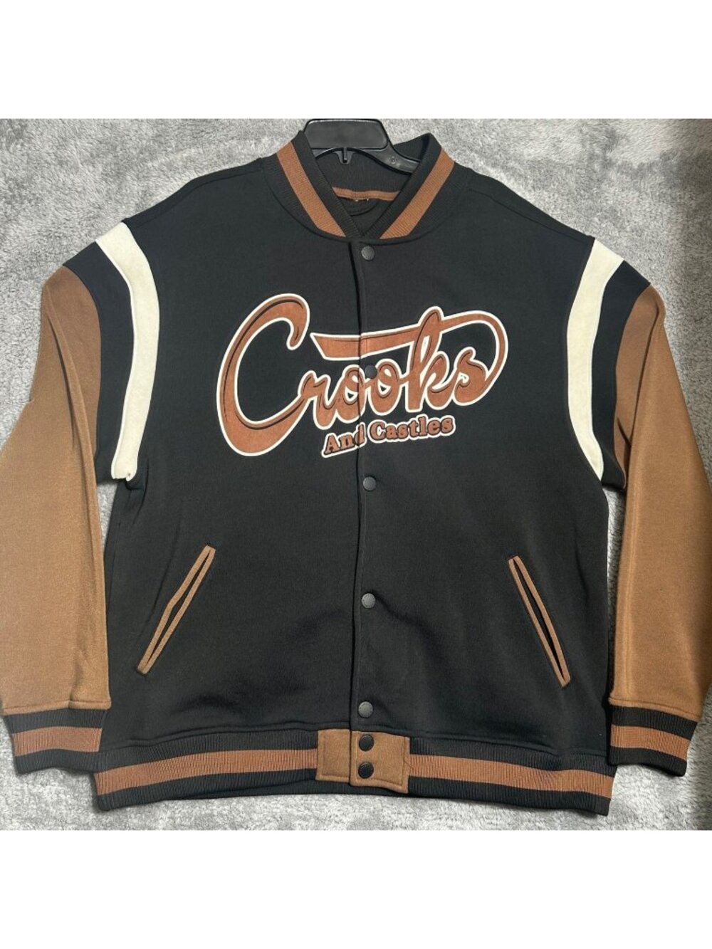 Crooks and Castles Varsity Jacket Mens XL Black Brown Colorblock Snap Front Logo